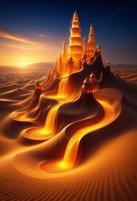 majestic palace sculpted from translucent desert glass, reflecting the fiery hues of the setting sun, golden minarets rising high above the dunes, intricate spiraling staircases carved from ancient fossilized sand, floating silk banners woven from wind, oasis hidden within inner courtyards, cascading golden waterfalls glowing under moonlight, desert fireflies flickering in the warm breeze, hyper-realistic architecture, cinematic depth, ultra-detailed lighting and reflections, high fantasy atmosphere