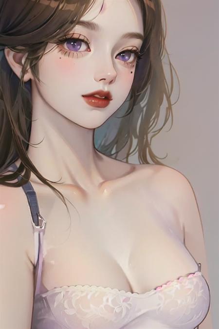 1girl, brown hair, closed mouth, collarbone, eyelashes, lips, lipstick, long hair, looking at viewer, makeup, mole, mole under eye, nude, portrait, purple eyes, red lips, simple background, solo, white background,(shiny skin),(masterpiece:1.4),(best quality:1.4), <lora:animeV2.1:0.800000>