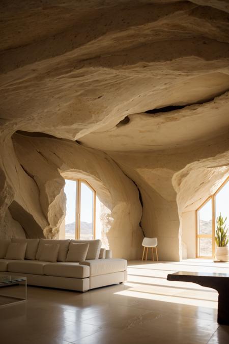 award winning interior photo, photograph, ultra photorealistic, photorealism, film still of inside a modern white spacious design (living room inside a smooth stone cave:1.25), smooth shading, desert, daylight, bright colors, hyper realistic, modern, surreal, lights, minimalistic studio architecture, behance, halation, bloom, dramatic atmosphere,  rule of thirds, 8k uhd, dslr, high quality, film grain, kodak, panavision, cinestill,