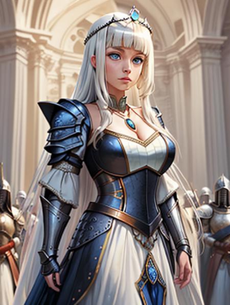 ethereal fantasy, magnificent, celestial, ethereal, painterly, epic, majestic, magical, fantasy art, cover art, dreamy, <lora:Detail - add_detail:0.2>, Mylene, white hair, long hair, white dress, tiara, blunt bangs, blue eyes, black hair ribbon, pendant, <lora:Character - MyleneV2:0.8>, war, queen, armor, armored dress, holding weapon,