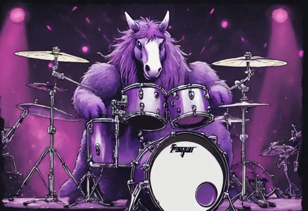 A void pegasus plays drums in a heavy metal band.  The lead singer is a purple teddy bear.