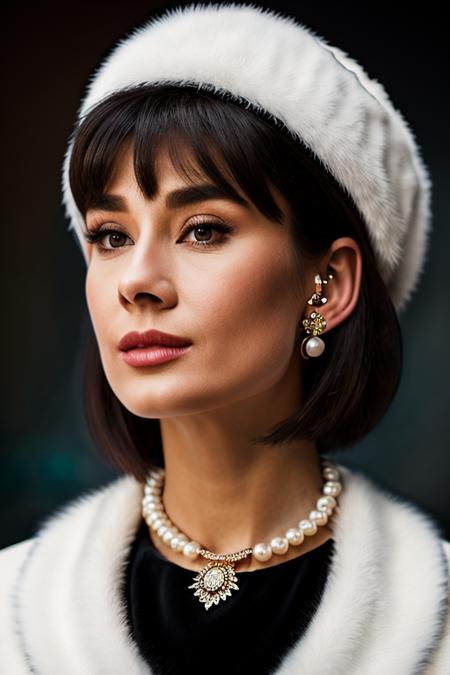 Realistic photo of a beautiful 4udr3yh-v2 woman, 1girl, solo, short hair, black hair, gloves, hat, jewelry, earrings, black gloves, necklace, lips, profile, realistic, fur hat, pearl necklace, soft lighting, professional Photography, Photorealistic, detailed, RAW, analog, sharp focus, 8k, HD, DSLR, high quality, Fujifilm XT3, film grain, award winning, masterpiece<lora:4udr3yh-v2:1.0>