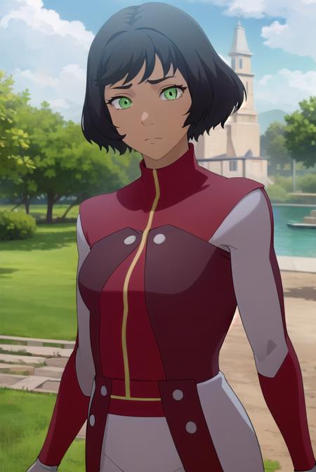 avataropal, <lora:avatar opal-lora-nochekaiser:1>,
opal, short hair, black hair, (green eyes:1.2), dark skin, dark-skinned female,
BREAK gloves, boots, fingerless gloves, uniform, turtleneck, (red uniform:1.5),
BREAK outdoors, forest, nature, grass, trees, sun, sky, clouds,
BREAK looking at viewer, (cowboy shot:1.5),
BREAK <lyco:GoodHands-beta2:1>, (masterpiece:1.2), best quality, high resolution, unity 8k wallpaper, (illustration:0.8), (beautiful detailed eyes:1.6), extremely detailed face, perfect lighting, extremely detailed CG, (perfect hands, perfect anatomy),