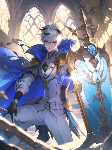 masterpiece,best quality,highres,cinematic lighting,dramatic angle,1boy,<lora:ShadowverseWilbertV6-000020:0.8>,white hair,two-tone hair,black hair,glasses,green eyes,white suit,ribbon,cape,(holding sword:1),sword,shield,(holding shield:1.05),looking at viewer,serious,dynamic angle,one knee,magic shield