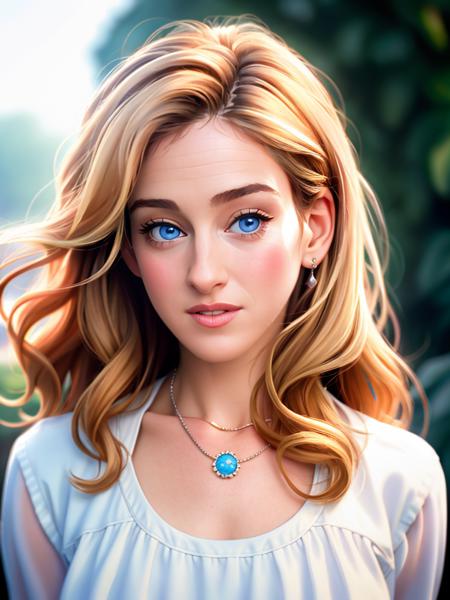 Realistic photo of a beautiful s4r4hjp woman, 1girl,solo,long hair,looking at viewer,blonde hair,blue eyes,jewelry,flower,parted lips,teeth,necklace,blurry,lips,blurry background,curly hair, portrait,realistic, soft lighting, professional Photography, Photorealistic, detailed, RAW, analog, sharp focus, 8k, HD, high quality, masterpiece<lora:s4r4hjp:1.0>