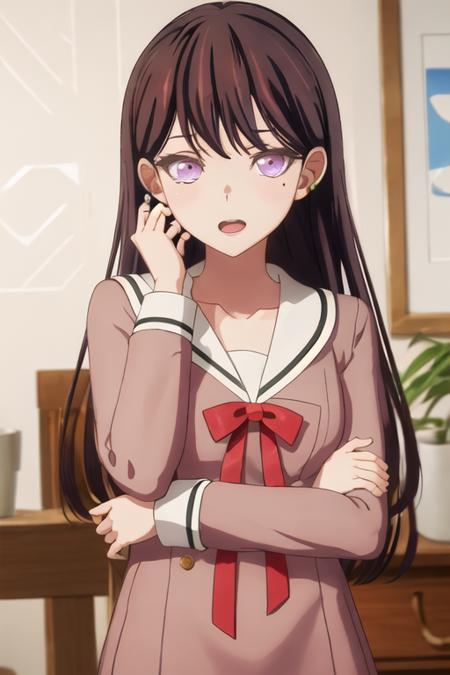 best quality, masterpiece, highres, solo, {shiina_taki_bangdreamitsmygo:1.15}, long_hair, black_hair, purple_eyes, mole_under_eye, mole, bangs, indoors, brown_hair, 1girl, looking_at_viewer, portrait, open_mouth, shirt, blue_shirt, blurry_background, collared_shirt, parody