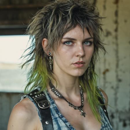 woman with a long shaggyMullet hair style, from front,  close up, photograph, looking at viewer, natural light, subject, 8k uhd, dslr, __cf-model/hair-color/other__ hair, bright eyes, {wearing flowing summer dress|punk rock outfit with buckles and studs}, {clean|grungy} atmosphere,cleavage, model pose, (disheveled:0.8), 
 <lora:concept_hair_shaggyMullet_sdxl_v1-shaggyMullet-000005:0.75>