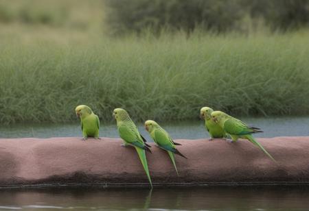 several parakeets on the edge of a lake drinking and bathing, background Australian bushes and meadows, very realistic photography