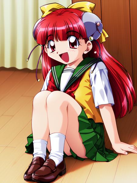 Nanako, long_hair, red_hair, red_eyes, bow, bangs, hair_bow,  yellow_bow, blunt_bangs, hair_ornament