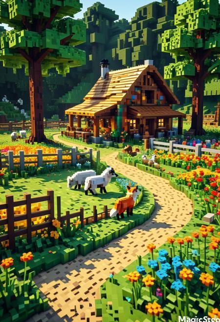 score_9, score_8_up, score_7_up,LEGO,
(charming pixelated minecraft farm:1.3), cozy blocky farmhouse, cute pixelated farm animals grazing (sheep, chickens), golden hay bales, warm morning sunlight, a winding blocky dirt path, (a cute pixelated fox observing from a safe distance near a fence:1.2), patches of simple pixelated wildflowers.
masterpiece, best quality, absurdres, Ultra-HD, 8K, highly stylized, pixel art, voxel art, blocky style, minecraft aesthetic, everything made of cubic blocks, sharp pixelated edges, low-resolution textures, vibrant saturated colors, simple geometric forms, grid-like composition, blocky shadows, direct lighting, clear color separation, no soft gradients, modular construction, structured forms, childhood fantasy, nostalgic.
aidmaimageupgrader, Newfantasycore