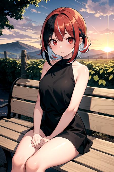 masterpiece, best quality, 1girl, multicolored hair, arms at side, red eyes, outdoors, bench, bushes, vineyard, sunset, looking at viewer