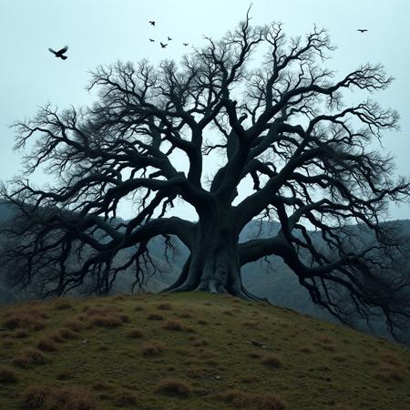 a massive dead oak tree in the middle of a hill, unique shape, crows in the background