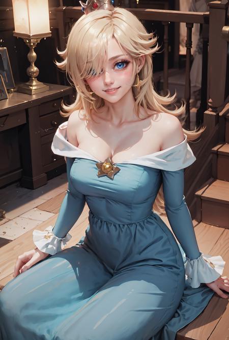 Highly detailed, High Quality, Masterpiece, beautiful, 1girl, IncrsRosalinaDef, blue dress, <lora:Rosalina:0.8>, cowboy shot, smile, seductive smile, blush, stairs, sitting,