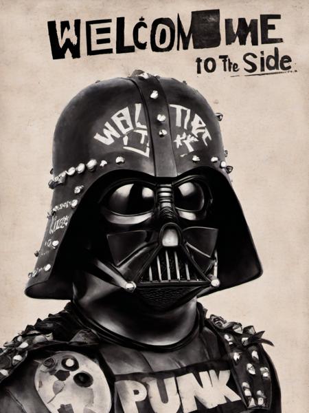 darth vader punk, studded helmet,  jamie reid style, newsprint, sharp focus, concept art, text says ("welcome,, (to the),, punk side"), <lora:so77-XL:0.8>