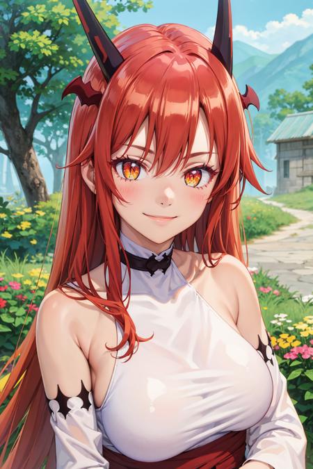 (best quality:1.1), (masterpiece:1.4), (absurdres:1.0), portrait, close-up,
1girl, tania, KizukiAi, dragon girl, dragon horns, red hair, orange eyes, large breasts, long hair, collar, white top, long red skirt, detached sleeves, looking at viewer, oudoors, tavern, (blush:1.1), (smile:1.2),
<lora:Kizuki - Beast Tamer - Tania:1>