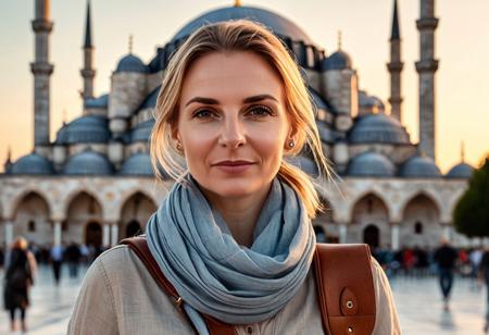 A hyper-detailed, ultra-photorealistic 8K travel portrait of a 40-year-old woman with sleek blonde hair tied back. She has soft wrinkles, subtle expression lines, pale skin with natural texture, and realistic facial details. The face is symmetric and rendered with lifelike shading and consistent lighting. Walking past the Blue Mosque in Istanbul at sunset. She wears high-rise beige jeans, a soft grey linen blouse, and a lightweight scarf draped over her shoulders. In her hand is a Nikon D5300, and a worn brown leather shoulder bag crosses her chest. Her face glows with warm golden Turkish light. Shot with Nikon D5300, 50mm lens, f/2.8, ISO 100. Background: softly blurred domes and minarets. Style inspired by Steve McCurry's vibrant portraits with rich cultural context. realistic human face, accurate eyes and mouth, high detail, no distortion, not a real person.