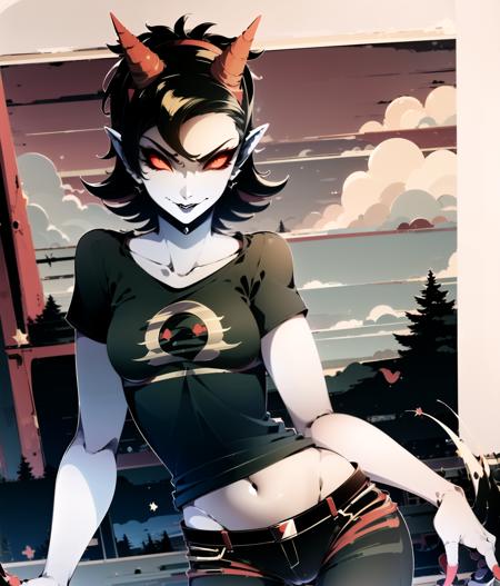 masterpiece, best quality, absurdres, perfect antomy,, masterpiece, best quality, absurdres, perfect antomy, Terezi Pyrope, T-shirt, pants, ((outside)), looking at viewer,