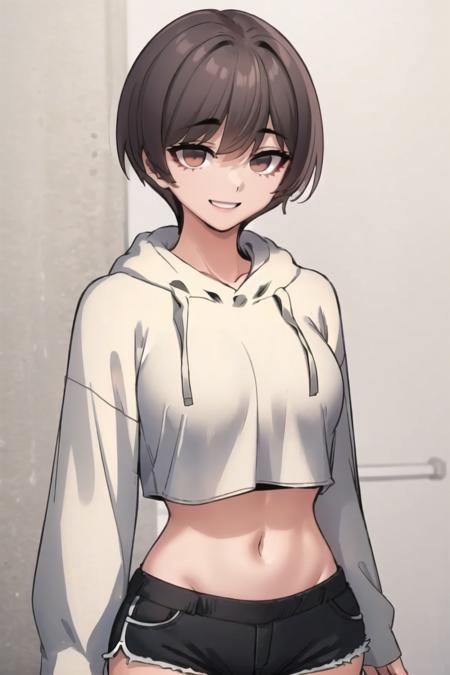 <lora:Harin:0.9> harindef, brown hair, brown eyes, short hair
masterpiece, best quality,
midriff, white hoodie, crop top, dolphin shorts, brown background, long sleeves, solo, 1girl, shorts, black shorts, short shorts, upper body, portrait, smile, looking at viewer,