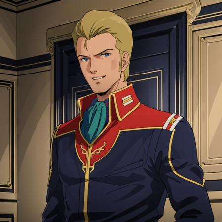 masterpiece,high quality,solo,indoors,
<lora:jeridandmouar001:0.7>,looking at viewer,smile,
jeridmessa,1man,
regent,blonde hair,blue eyes,
military uniform,black jacket,ascot,long sleeves,