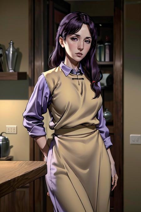 (masterpiece:1.4),(best quality:1.4),(absurdres:1.4),pin-up,okasan_Garo_aiwaifu,brown eyes,shirt ,large breasts, wide hips, purple hair ,apron,low-tied long hair ,collared shirt ,dress ,lips ,hair over shoulder,(absurdres, highres, incredibly_absurdres:1.4),scenery,masterpiece,