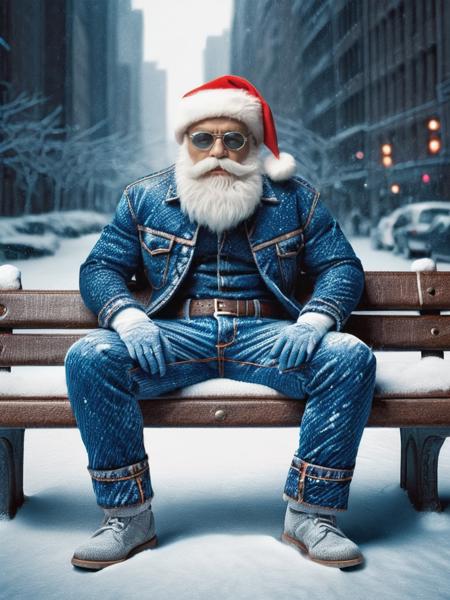 gangster santa, santa sitting on a bench in a snowy city, cool interpretation <lora:ral-jeans-sdxl:1> ral-jeans