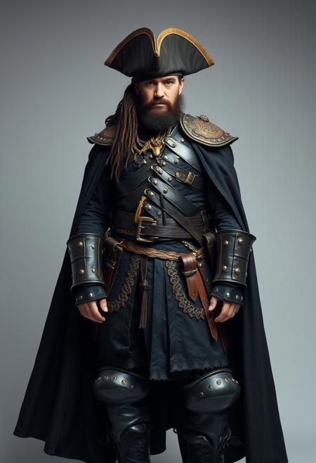 a pirate captain, full shot, handsome, heroic, epic, iron and leather armour, dark clothes, oriental damask ornaments, long cape, in the style of restrained palette, distressed materials, realistic color schemes, hieratic visionary, figura serpentinata, nicola samori, bold yet graceful , pirate boots, alexander McQueen fashion costume style, light grey background studio