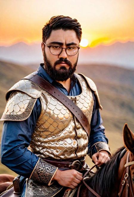 (masterpiece),(extremely intricate:1.3),(realistic),ultra high detail,8k photo of a man,(sayai, black hair, dark brown eyes, beard, thick eyebrows, beard, moustache),(realistic round glasses),(horseback-riding),dressed in ancient Turkish armor in the style of Genghis Khan,infinite background In the background,it is combined with the traditional Turkish tents set up in the Asian steppes and the Altai Mountains,sharp focus,dramatic,award winning,cinematic lighting,octane render unreal engine,volumetrics dtx,(film grain, blurry background, blurry foreground, bokeh, depth of field, sunset, motion blur:1.3),chainmail,