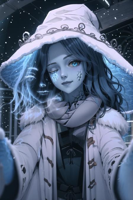 1girl, IncrsChkWarmingMeme, red scarf, pov, smile, closed mouth, <lora:PovCheekWarmingMeme:1.1>,winter clothes, IncrsRanni, wavy hair, colored skin, blue skin, cracked skin, extra arms, extra faces, hat, <lora:Char_EldenRing_Ranni:0.9>, ExtraFacesRanni, <lora:Looks_ExtraFaces:1>