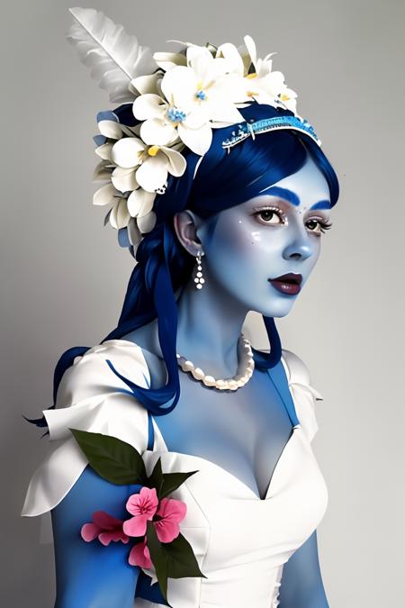 a woman in a white dress and a blue headpiece