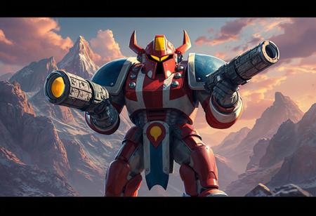 "Illustrate a Golem Sentry in a vibrant color scheme of red, white, and blue, equipped with stone guns, against a mountainous landscape backdrop. The image should emphasize exceptional quality, lifelike details, sharp lines, stunning colors, and impeccable composition. The Golem Sentry's head should have a yellow visor for contrast. Achieve a captivating and well-timed moment with octane render, unreal engine 5, and a dynamic action pose. Trend on ArtstationHQ with this 4K, highly detailed, cinematic lighting, volumetric, and hyperrealistic illustration."
