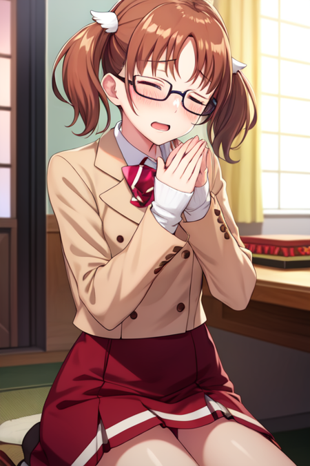 sakuraiaina, glasses, open mouth, long sleeves, looking at viewer, socks, dark, upper body, closed eyes, red skirt, blush, sitting