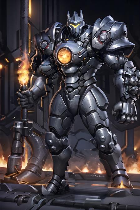 reinhardt, helmet, power armor, battle, holding hammer, light, futuristic city, glowing, fire, <lora:reinhardtOverwatchLORA_LoCon:0.8>, best quality