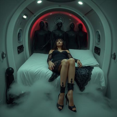 Ethereal, slender, ultra thin waist, tall, raven-haired Norwegian socialite wearing stunning black lace trouser suite and high heels, laying inside weird aliem MRT-like braimwashing machine, hand cuffed to the bed, ankles cuffed to the bed. Restrained. Looking to the camera. Eeire fog from the floor. A coterie of black, Victorian-era mannequins, draped in tattered, luxurious wedding black bridal ball-gowns. Horror. Alien spaceship mind control chamber. Sci-fi. Horror. Total recall