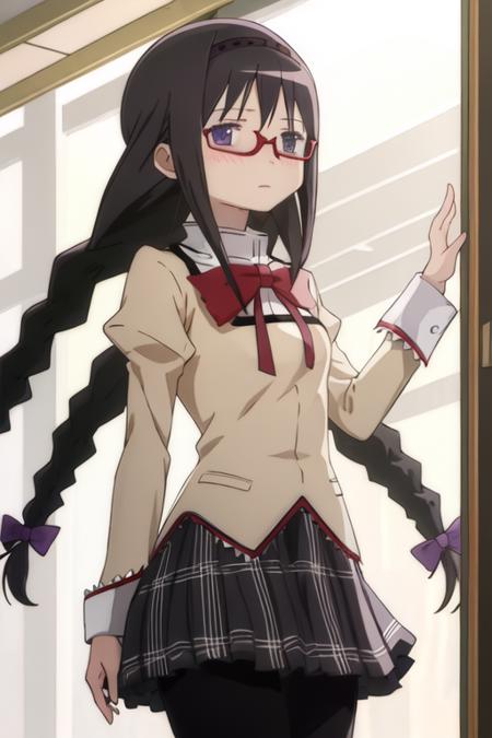 best quality, masterpiece, highres, solo, {akemi_homura_puellamagimadokamagica:1.15}, black_hair, long_hair, hairband, purple_eyes, blush, 1girl, glasses, school_uniform, braid, red-framed_eyewear, twin_braids, bow, mitakihara_school_uniform, semi-rimless_eyewear