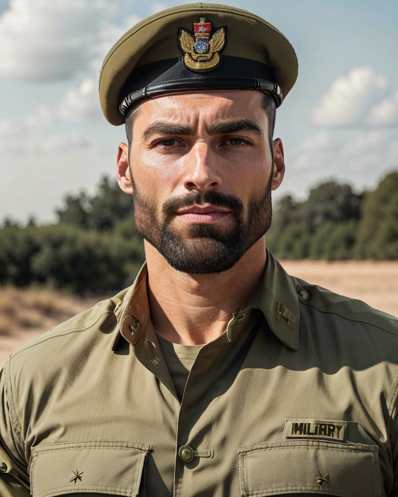 RAW photo, photo of gigachad, as a soldier,wearing a (military uniform:1.2), cap, 8k uhd, dslr, high quality, film grain, ...