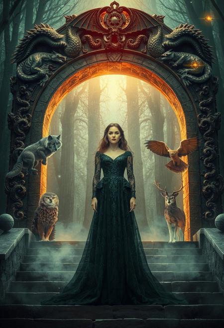 Produce an image blending myth and nature: A woman in a dark, patterned gown stands on a stone staircase beneath an archway carved with mythical creatures—dragons, phoenixes, and serpents. The archway glows faintly, with mist swirling around its base. The woman is surrounded by ethereal animals: a wolf, an owl, and a stag, each symbolizing different aspects of her character. The background features a forest with glowing eyes and ancient trees. Use a rich, symbolic color palette—emerald, crimson, and gold—to evoke legends and hidden power.