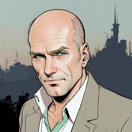 2d cartoon((best quality)) portrait of a man with hairloss, thin hair, futuristic city in background, simple background, award winning art by alphonse mucha and greg rutkowski <lora:Hairloss-Concept-LoRA:0.7>, (best quality),beautiful, Particularly Fine, Excessively Realistic, 8k,Gem, ((Filmation cartoon)), (80s cartoon), ((animation cel)), ((line art)), bold lines, minimalistic, ((flat colors)), ((pastel colors)), ((muted colors)), highly detailed, by T. Mark Taylor, by Herb Trimpe, by Bruno Bianchi, by Eric Lewald