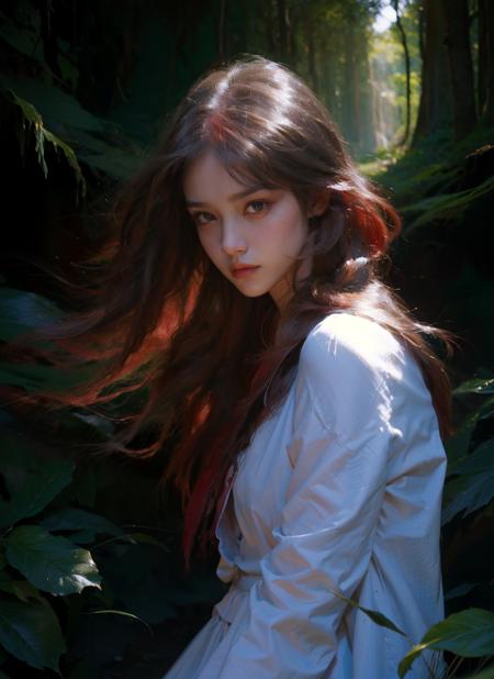 official art, masterpiece, best quality,
Subtle narrative, enigmatic atmosphere, atmospheric perspective, fluid movement, ethereal quality,
Dramatic Lighting, Bold Coloration, Vibrant Warmth,
slg,forest,path,waterfall,grass,
1girl,scarlet art, iridescent hair, 
Freedom,
 <lora:OilPaint:0.7>Style by NTY,
<lora:slg_v22:0.74>