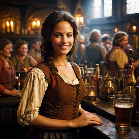 highly detailed candid photo of female barkeep:1.2,

1girl, 

masterpiece, best quality:1.1, realistic:1.3,
shadow play:1.0,  dark interior, medieval tavern:1.-, 

ultra photoreal, photorealistic:1.0, sharp focus:1.1, 
depth of field:1.1, 

50mm, style of Nathan Wirth, Hasselblad X1D II, Porta 160,
