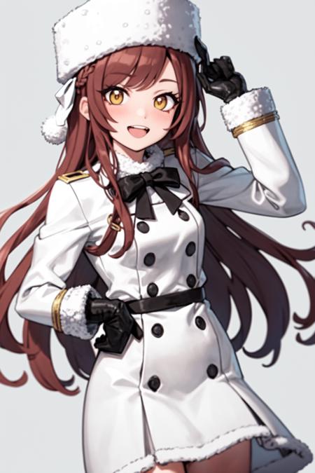 <lora:osaki amana:1>, osaki amana, 1girl, hat, gloves, long hair, solo, white background, fur hat, smile, brown hair, looking at viewer, yellow eyes, simple background, fur trim, open mouth, coat, blush, winter clothes, braid, white coat, v, long sleeves, bangs, swept bangs, teeth