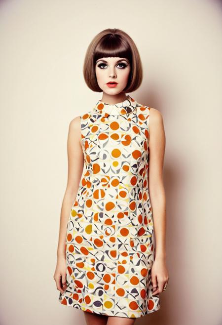raw photo, full body photo,beautiful girl, 25 y.o. , youth subculture of the 60s, 1960s Mod Girl: With a Twiggy-inspired haircut and a bold, geometric dress, she channels the mod fashion of the swinging sixties. Her makeup is minimal yet striking, with exaggerated eyelashes and pale lips, grainy