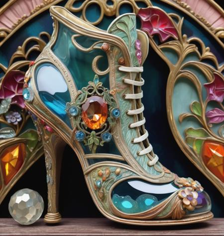 shoes transparent, gem, details, detailed scene, magical items, highly detailed scene, masterpiece, 3D, sculptural, textured, handmade, vibrant, fun, distressed, vintage, edgy, textured vibe, dirty, noisy, ornate Art Nouveau