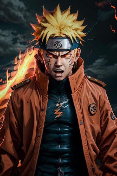 Naruto,1boy,  lightning, angry, open mouth,nearly naked coat, fire red eyes, flamingEye <lora:flamingEyeConcept_flamingEye:1>