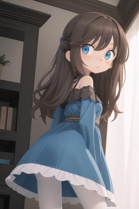 <lora:SketchyMaa:0.8> SketchyMaa, 1 girl, masterpiece; looking at viewer, shy; brown hair, blue eyes, white dress, black pantyhose