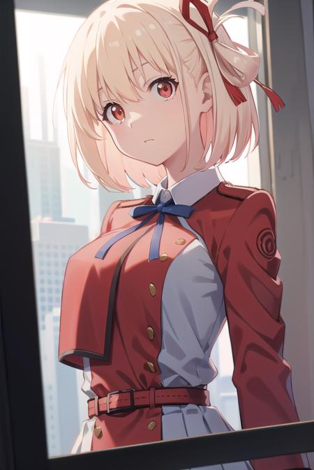 chisatonishikigi, <lora:chisatonishikigitest:1>, nishikigi chisato, short hair, bangs, blonde hair, (red eyes:1.5), hair ribbon, one side up, bob cut,
BREAK shirt, long sleeves, dress, ribbon, white shirt, collared shirt, belt, neck ribbon, red dress, blue ribbon, pleated dress, grey dress, two-tone dress, red belt, lycoris uniform,,
BREAK outdoors, city,
BREAK looking at viewer, BREAK <lora:GoodHands-vanilla:1>, (masterpiece:1.2), best quality, high resolution, unity 8k wallpaper, (illustration:0.8), (beautiful detailed eyes:1.6), extremely detailed face, perfect lighting, extremely detailed CG, (perfect hands, perfect anatomy),