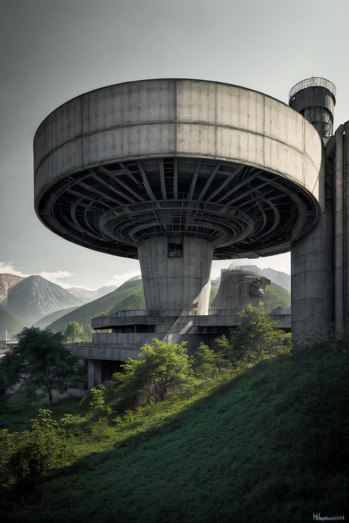A large concrete structure with a circular top, surrounded by trees and mountains.