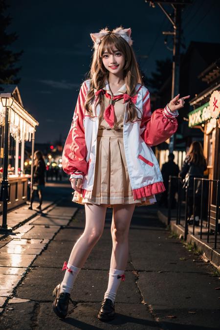 diana cosplay costume, animal ears, long jacket, bow, hair ornament, serafuku, neckerchief, long sleeves, socks, shoes