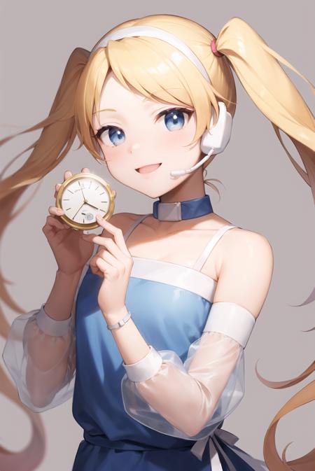 rtachan,blue dress,twintails, detached sleeves, headset, simple background,smile, (upper body:1.1),(holding a clock:1.2),  <lora:rtachan:1>