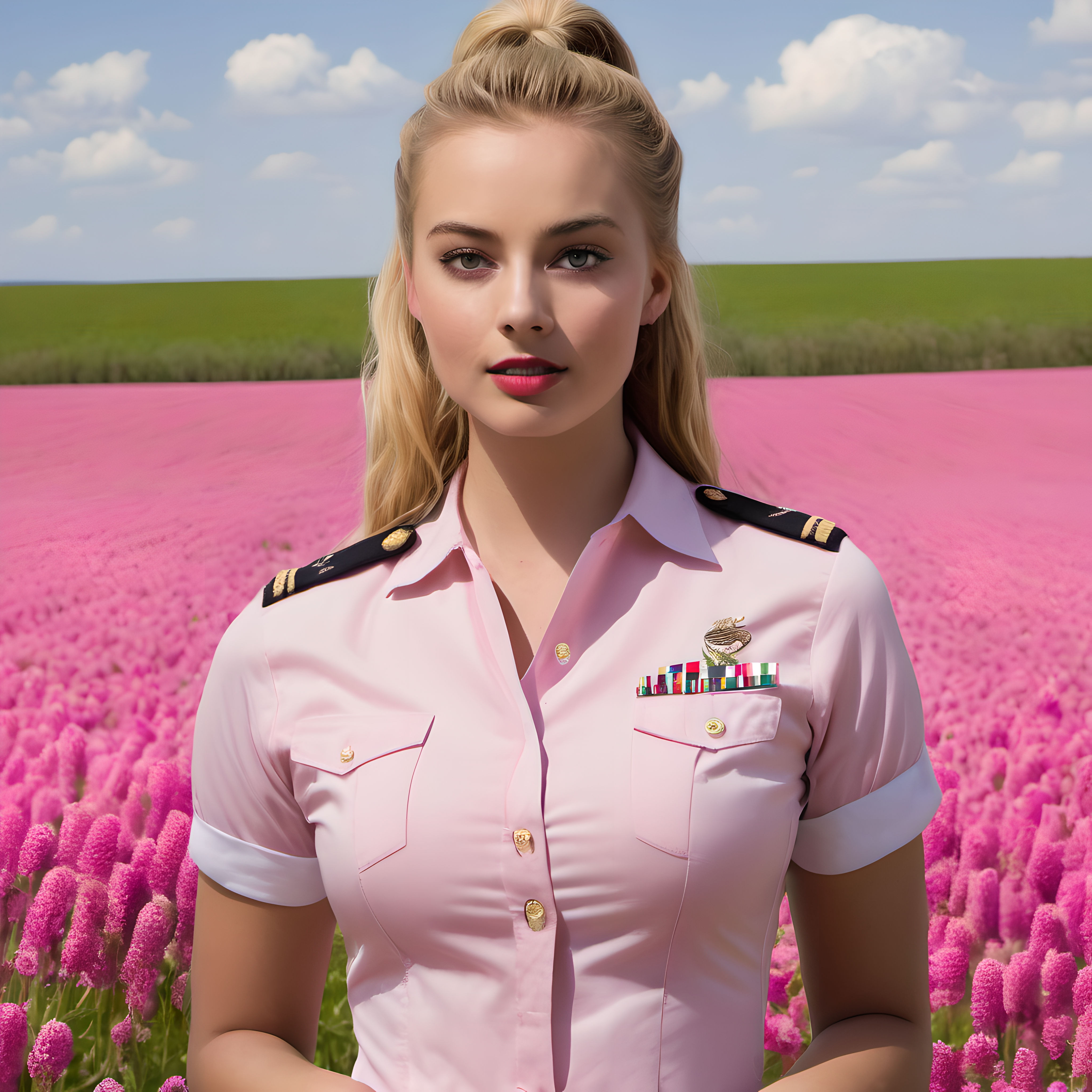 A photograph of a young white woman on a flower field, soldier, soldier, ((tight pink military uniform)), uniform, short s...