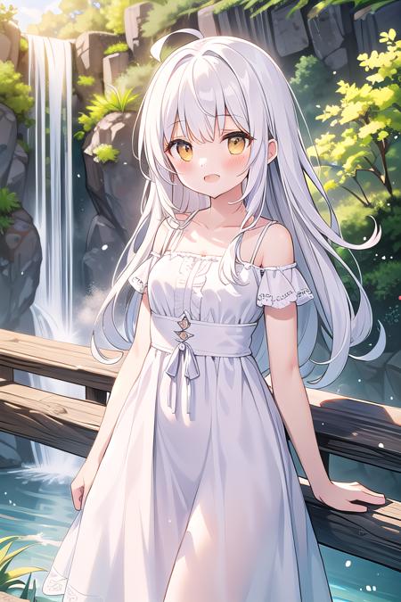 (masterpiece), best quality, scenery, nature, waterfall, rainbow, sunlight, dappled sunlight, light particles, 1girl, long hair, white hair, yellow eyes, white dress, blush, open mouth, smile